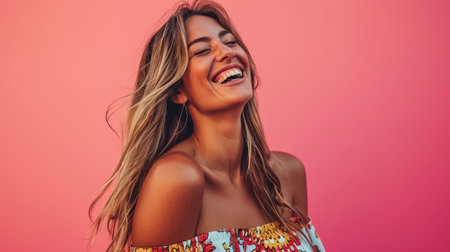 smiling woman laughing on pink backgroundの素材