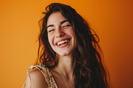 portrait of smiling young woman with long hair on orange backgroundの素材