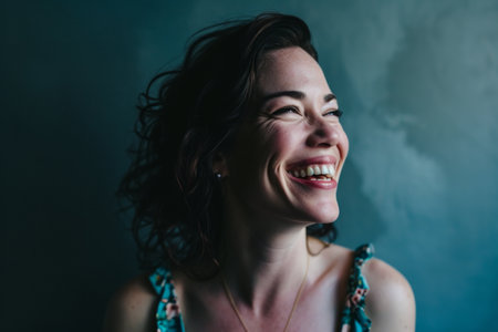 smiling woman with curly hair against dark backgroundの素材
