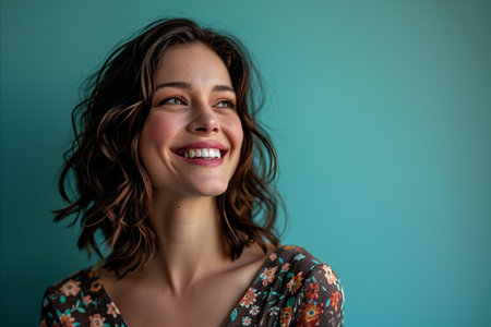 smiling woman against blue backgroundの素材