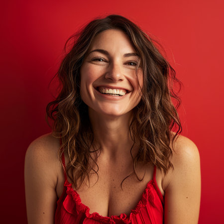 smiling woman in red dress against red backgroundの素材