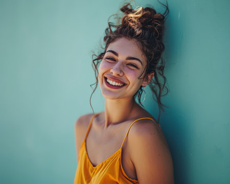 smiling young woman with curly hair standing against a blue wallの素材
