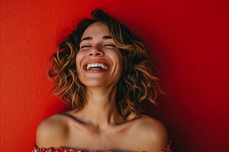 smiling woman laughing against red wallの素材
