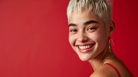 smiling woman with short white hair on red backgroundの素材