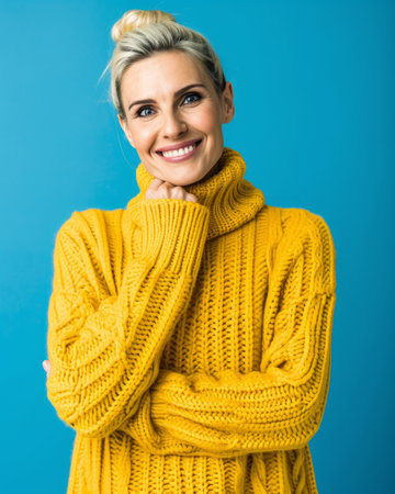 smiling woman in yellow sweater posing against blue backgroundの素材