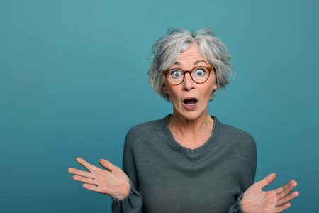 surprised senior woman with glasses on blue backgroundの素材
