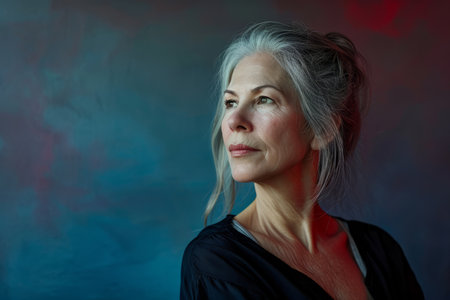 an older woman with gray hair looking off to the sideの素材