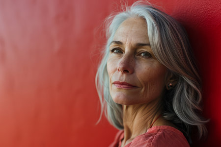 an older woman with gray hair leaning against a red wallの素材