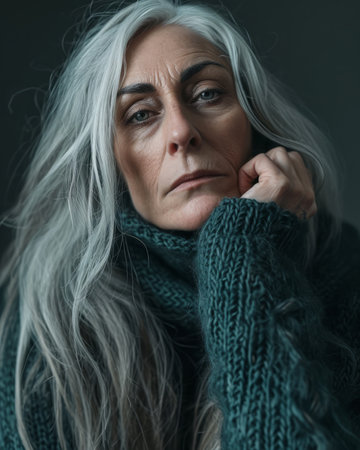 an older woman with gray hair and a green sweaterの素材