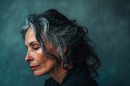 an older woman with gray hair looking off to the sideの素材
