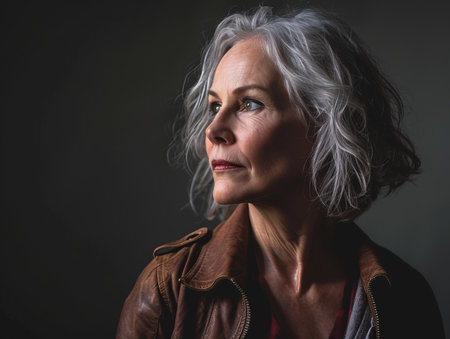 an older woman with gray hair and a leather jacketの素材