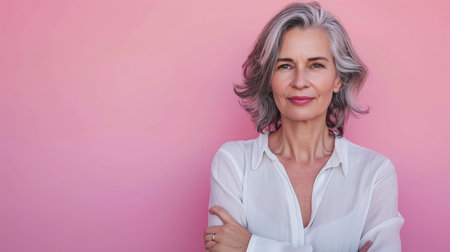 an older woman with gray hair posing against a pink backgroundの素材