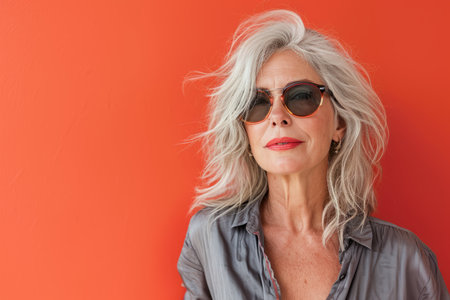 an older woman with gray hair and sunglasses against an orange wallの素材