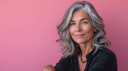 an older woman with gray hair posing against a pink backgroundの素材