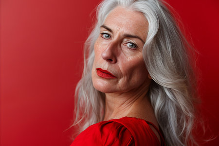 an older woman with gray hair and red lipstickの素材