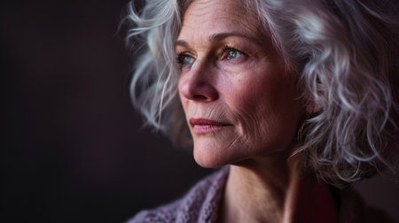 an older woman with gray hair looking off to the sideの素材