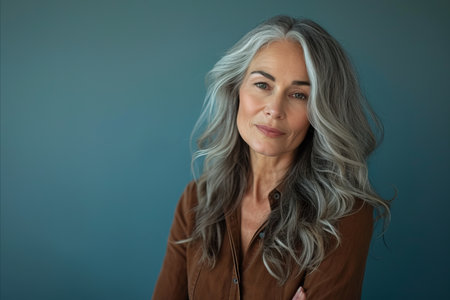 an older woman with gray hair posing for the cameraの素材