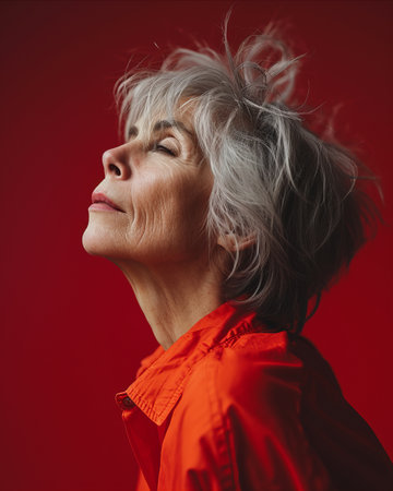 an older woman with gray hair looking up at the skyの素材