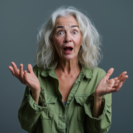 an older woman with white hair and green shirt is making a surprised faceの素材