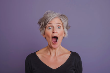 an older woman with her mouth wide open on a purple backgroundの素材