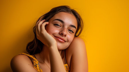 portrait of a beautiful young woman posing against a yellow backgroundの素材