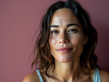 portrait of a beautiful young woman looking at the camera on a pink backgroundの素材