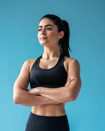 portrait of a beautiful young woman in sportswear standing with arms crossed on a blue background stock photoの素材