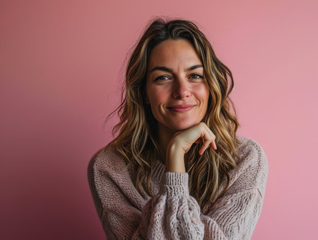 portrait of smiling woman on pink backgroundの素材