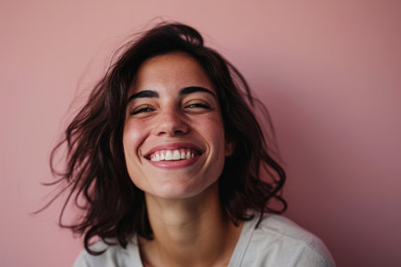 portrait of smiling woman on pink backgroundの素材