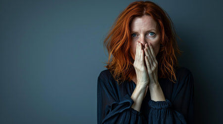 a woman with red hair covering her mouthの素材