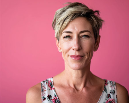 a woman with short hair and a pink backgroundの素材