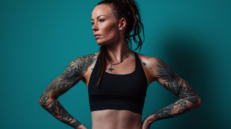 a woman with tattoos standing in front of a blue wallの素材
