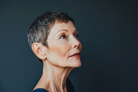 an older woman with short hair looking to the sideの素材