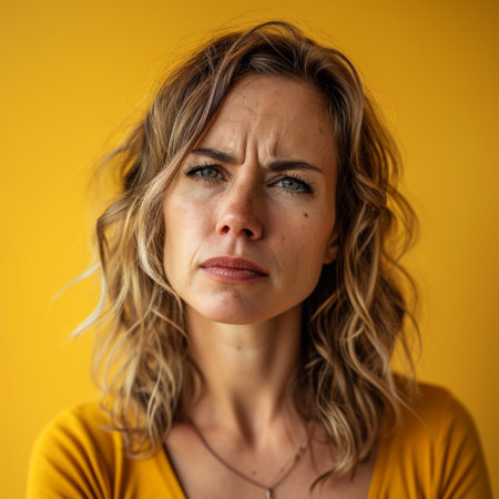 portrait of a sad woman on yellow background stock photoの素材
