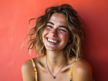 portrait of smiling young woman against red background stock photoの素材
