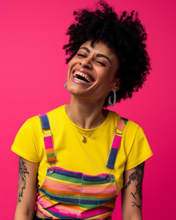 portrait of smiling afro-american woman laughing isolated on pink background stock photoの素材