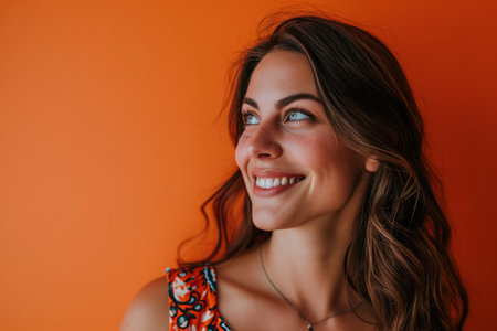 portrait of smiling woman against orange backgroundの素材