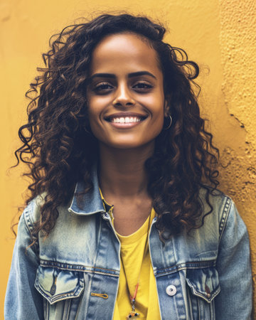 portrait of a young african american woman smiling against a yellow wallの素材