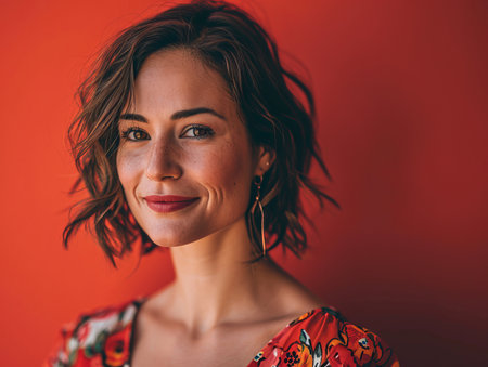 a woman with short hair and a floral top is smiling at the cameraの素材
