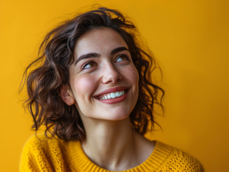 portrait of smiling woman on yellow background stock photoの素材
