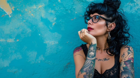 a woman with tattoos and glasses sitting against a blue wallの素材
