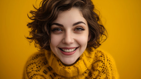 portrait of a beautiful young woman with curly hair on a yellow backgroundの素材