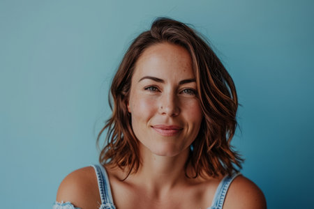 portrait of smiling woman on blue backgroundの素材