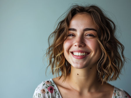 portrait of a beautiful young woman smiling on a blue backgroundの素材