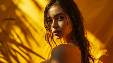 portrait of a beautiful young woman on a yellow backgroundの素材