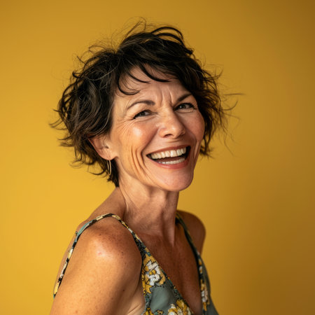 portrait of happy mature woman laughing on yellow background stock photoの素材