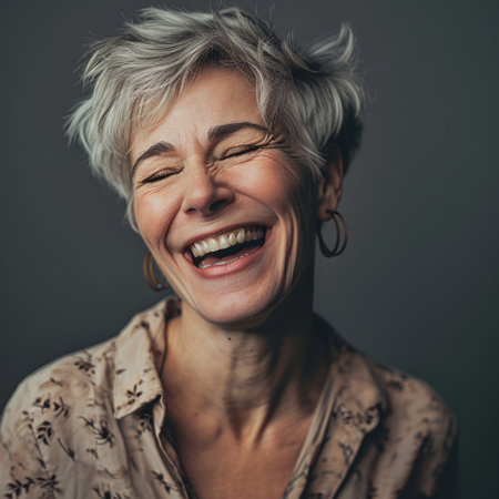 a woman with short white hair laughingの素材