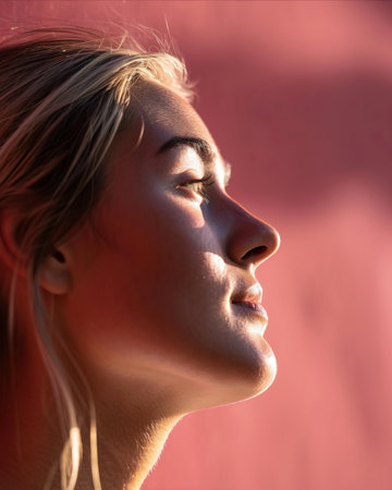 a woman with her eyes closed looking up at the sunの素材