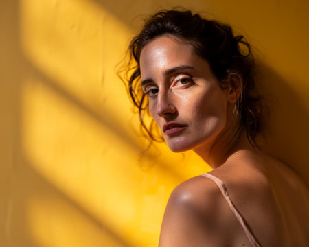 portrait of a woman in front of a yellow wallの素材