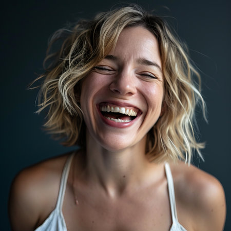 portrait of a laughing woman on a dark background stock photoの素材